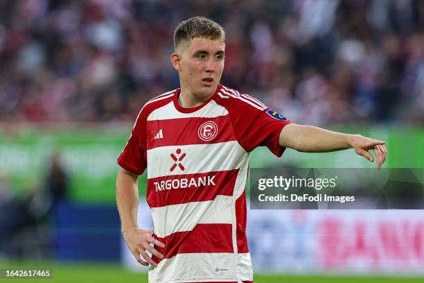 Isak Bergmann Johannesson of Fortuna Duesseldorf gestures during the Second Bundesliga match between Fortuna Düsseldorf and Karlsruher SC at Merkur...