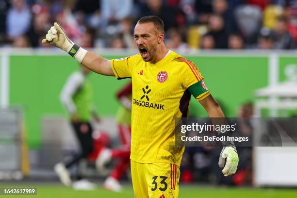 Goalkeeper Florian Kastenmeier of Fortuna Duesseldorf controls the ball during the Second Bundesliga match between Fortuna Düsseldorf and Karlsruher...