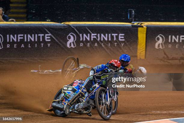 Jack Holder inside Kim Nilsson with Max Fricke behind as Jason Doyle falls at the back during the FIM Speedway Grand Prix of Great Britain at the...
