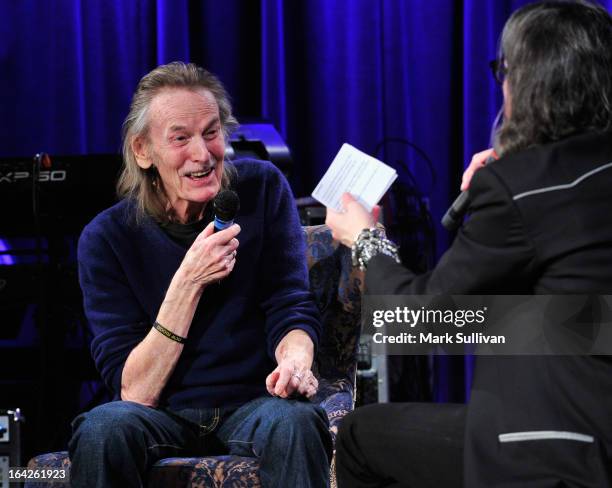 Singer/songwriter Gordan Lightfoot and Vice President of the GRAMMY Foundation Scott Goldman onstage during an evening with Gordon Lightfoot at The...