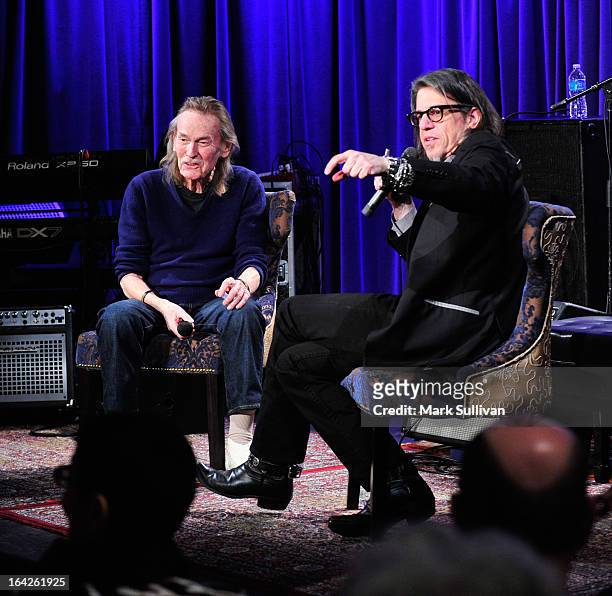 Singer/songwriter Gordan Lightfoot and Vice President of the GRAMMY Foundation Scott Goldman onstage during an evening with Gordon Lightfoot at The...