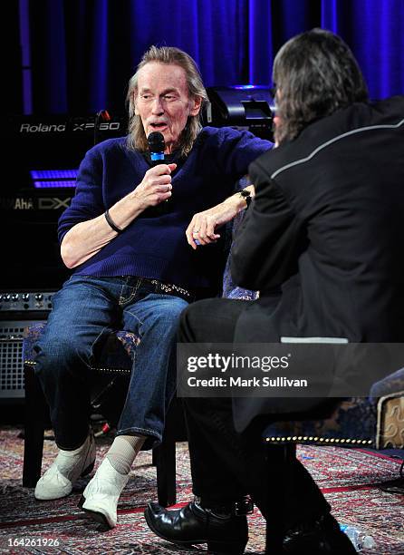 Singer/songwriter Gordan Lightfoot and Vice President of the GRAMMY Foundation Scott Goldman onstage during an evening with Gordon Lightfoot at The...