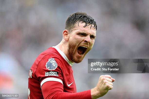 Andrew Robertson of Liverpool reacts during the Premier League match between Newcastle United and Liverpool FC at St. James Park on August 27, 2023...