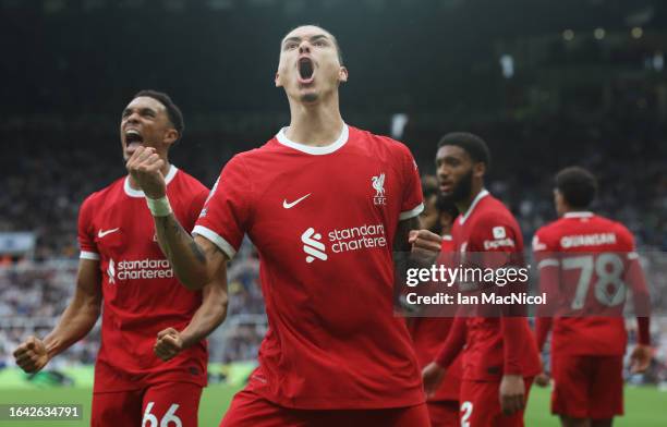 Darwin Nunez of Liverpool celebrates after scoring the team's first goal to equalise during the Premier League match between Newcastle United and...