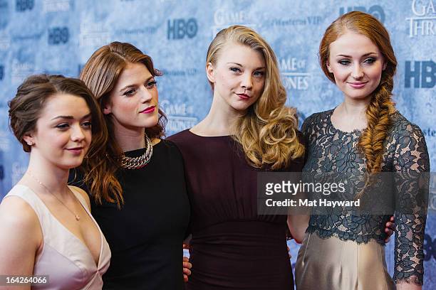 Actresses Maisie Williams, Rose Leslie, Natalie Dormer and Sophie Turner attend HBO's "Game Of Thrones" season 3 premiere at Cinerama Theater on...