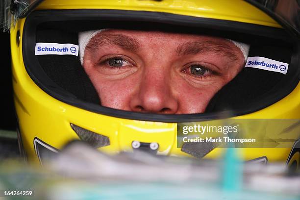 Nico Rosberg of Germany and Mercedes GP prepares to drive during practice for the Malaysian Formula One Grand Prix at the Sepang Circuit on March 22,...