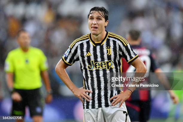 Federico Chiesa of Juventus appears dejected during the Serie A TIM match between Juventus and Bologna FC at Allianz Stadium on August 27, 2023 in...