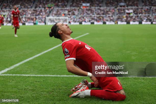 Darwin Nunez of Liverpool celebrates after scoring the team's first goal to equalise during the Premier League match between Newcastle United and...