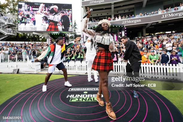 Locksmith, Kesi Dryden, Bridgitte Amofah and Piers Agget from Rudimental perform before The Hundred Final between Oval Invincibles Men and Manchester...