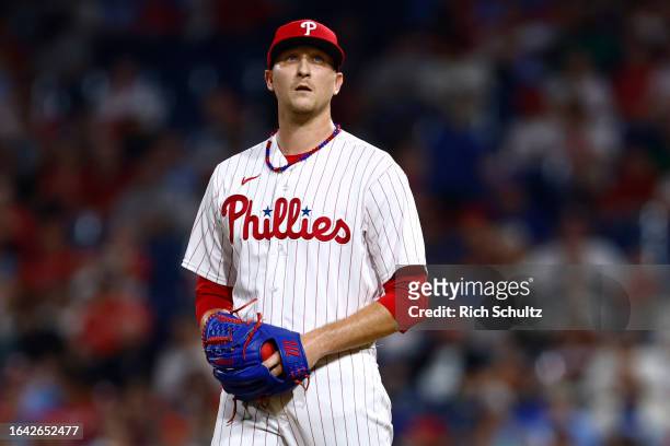 Jeff Hoffman of the Philadelphia Phillies in action against the St. Louis Cardinals during a game at Citizens Bank Park on August 25, 2023 in...