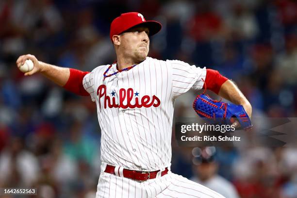 Jeff Hoffman of the Philadelphia Phillies in action against the St. Louis Cardinals during a game at Citizens Bank Park on August 25, 2023 in...