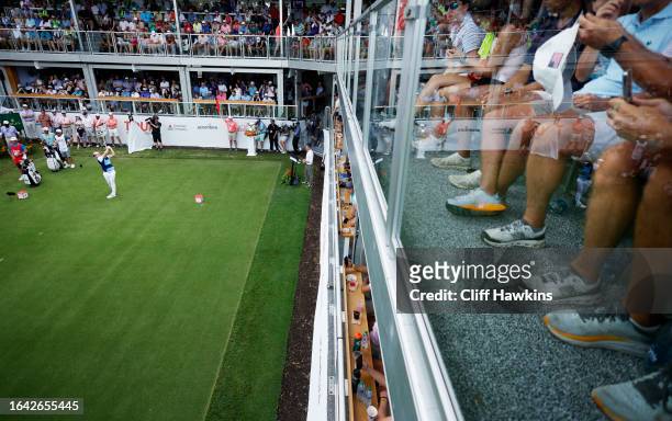 Viktor Hovland of Norway plays his shot from the first tee during the final round of the TOUR Championship at East Lake Golf Club on August 27, 2023...