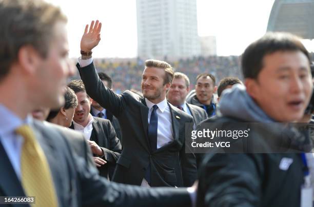 David Beckham arrives at Tiantai Stadium to visit Qingdao Jonoon Football Club on March 22, 2013 in Qingdao, Shandong Province of China.