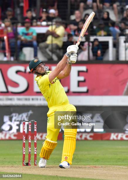 Mitchell Marsh of Australia facing Gerald Coetzee of South Africa's first ball that takes him out during the 3rd KFC T20 International match between...