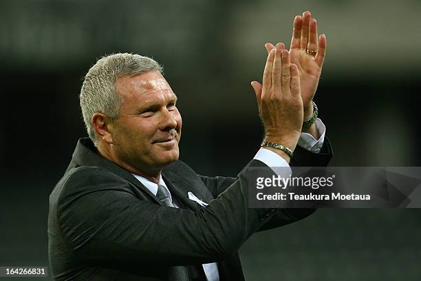 Head Coach Ricki Herbert of New Zealand All Whites celebrates after the FIFA World Cup Qualifier match between the New Zealand All Whites and New...