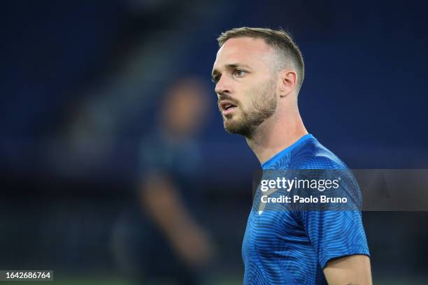 Manuel Lazzari of SS Lazio in action during the warm up before the Serie A TIM match between SS Lazio and Genoa CFC at Stadio Olimpico on August 27,...