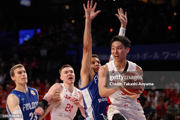 Yuki Kawamura of Japan passes the ball during the FIBA Basketball World Cup Group E game between Japan and Finland at Okinawa Arena on August 27,...