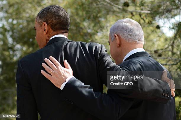In this handout photograph supplied by the Government Press Office of Israel , U.S. President Barack Obama and Israel's Prime Minister Benjamin...