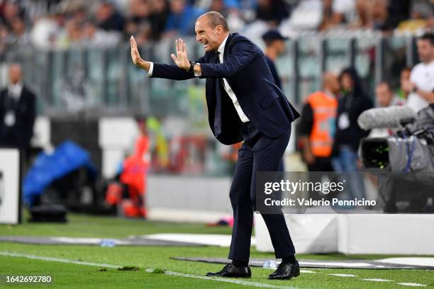 Massimiliano Allegri, Head Coach of Juventus reacts during the Serie A TIM match between Juventus and Bologna FC at Allianz Stadium on August 27,...