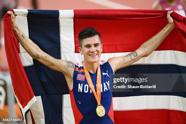 Gold medalist Jakob Ingebrigtsen of Team Norway celebrates after winning the Men's 5000m Final during day nine of the World Athletics Championships...