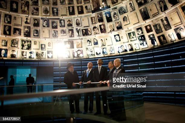 President Barack Obama visits the Hall of Names at the Yad Vashem Holocaust Memorial museum with Rabbi Yisrael Meir Lau, Israel's Prime Minster...