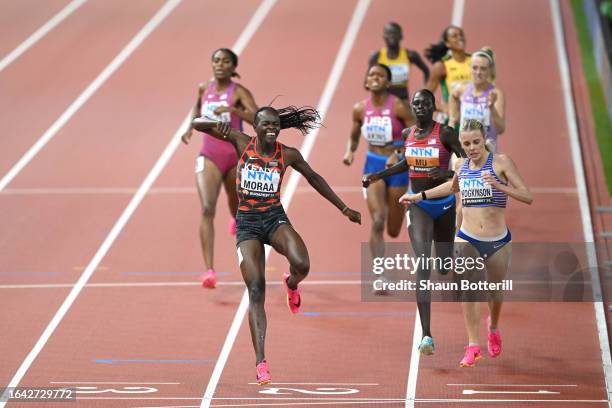 Mary Moraa of Team Kenya wins the Women's 800m Final during day nine of the World Athletics Championships Budapest 2023 at National Athletics Centre...