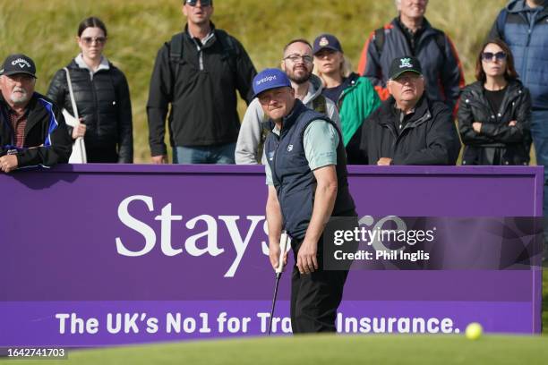 Greig Hutcheon of Scotland in action during Day Four of the Staysure Seniors PGA Championship at Trump International Golf Links on August 27, 2023 in...