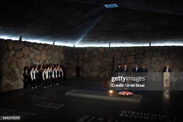 President Barack Obama pays his respects in the Hall of Remembrance in front of Israel's President Shimon Peres, Israel's Prime Minster Benjamin...