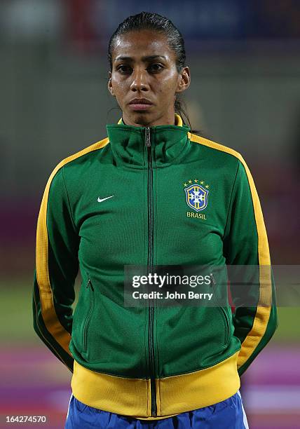 Bruna Beatriz Soares of Brazil poses prior to the women international friendly match between France and Brazil at the Robert Diochon stadium on March...