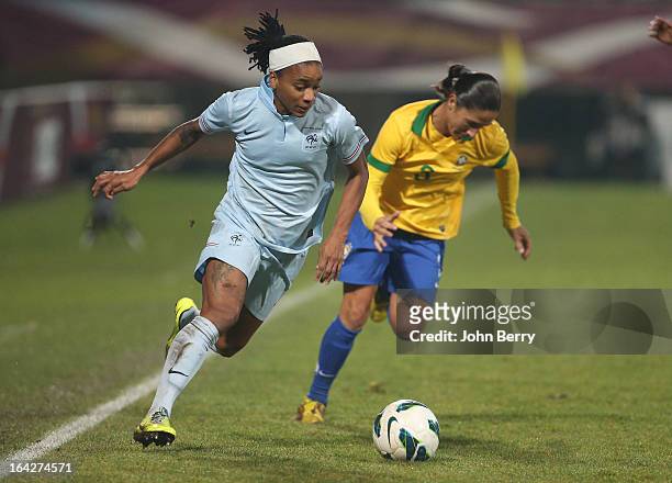ElodieThomis of France in action during the women international friendly match between France and Brazil at the Robert Diochon stadium on March 9,...