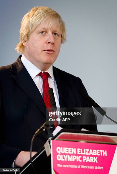 London Mayor Boris Johnson speaks to the media during a press conference in east London to announce the new deal between Newham council and West Ham...