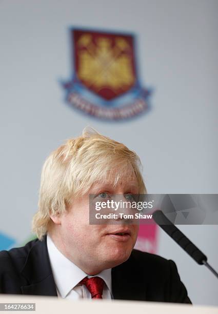 Mayor of London Boris Johnson talks to the press during the press conference to announce the future of the Olympic Stadium on March 22, 2013 in...