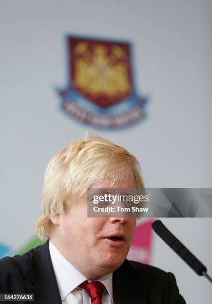 Mayor of London Boris Johnson talks to the press during the press conference to announce the future of the Olympic Stadium on March 22, 2013 in...