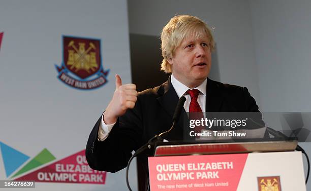 Mayor of London Boris Johnson talks to the press during the press conference to announce the future of the Olympic Stadium on March 22, 2013 in...