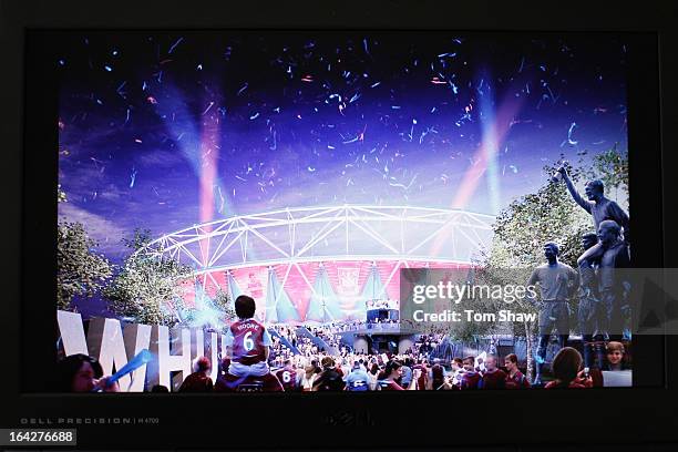 Screen grabs of artists impression of how the stadium will look with West Ham playing their matches at the Olympic Stadium during the press...