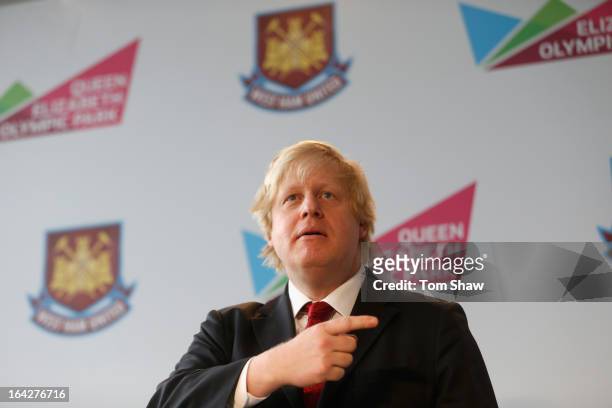 Mayor of London Boris Johnson talks to the press during the press conference to announce the future of the Olympic Stadium on March 22, 2013 in...