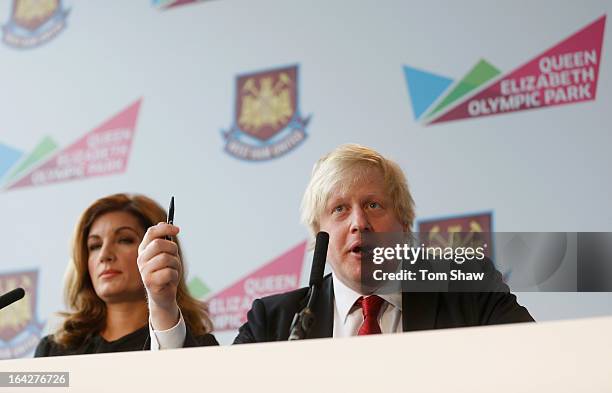 Karen Brady and Mayor of London Boris Johnson talk to the press during the press conference to announce the future of the Olympic Stadium on March...