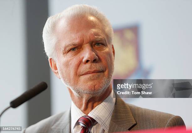 David Gold the co owner of West Ham talks to the press during the press conference to announce the future of the Olympic Stadium on March 22, 2013 in...