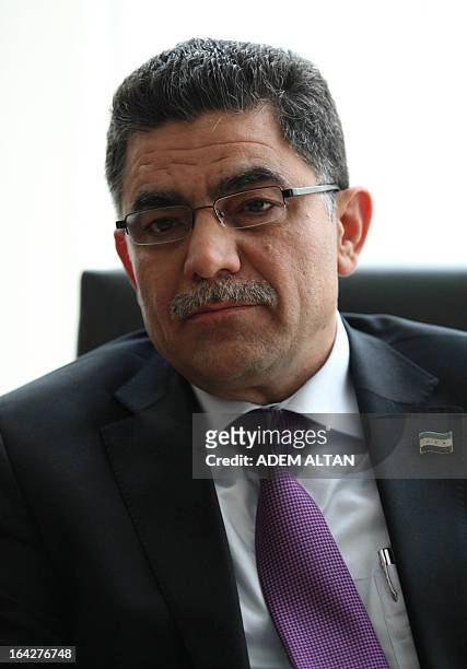 Syrian opposition prime minister Ghassan Hitto speaks to the media during a meeting with Turkey's Foreign Minister Ahmet Davutoglu in Ankara on March...