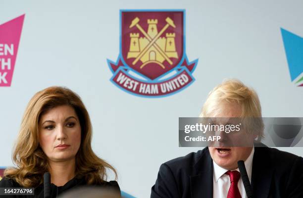 West Ham United Vice Chairman Karren Brady and London Mayor Boris Johnson answer questions during a press conference in east London to announce the...