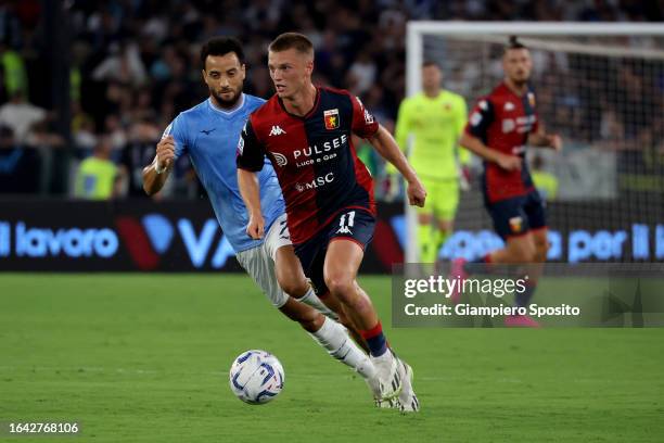 Albert Gudmundsson of Genoa CFC in action during the Serie A TIM match between SS Lazio and Genoa CFC at Stadio Olimpico on August 27, 2023 in Rome,...