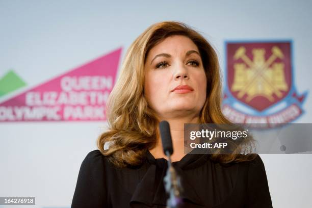 West Ham United Vice Chairman Karren Brady listens to a question during a press conference in east London to announce the new deal between Newham...