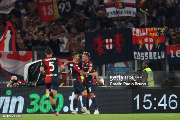 Mateo Retegui with his teammates of Genoa CFC celebrates after scoring the opening goal during the Serie A TIM match between SS Lazio and Genoa CFC...