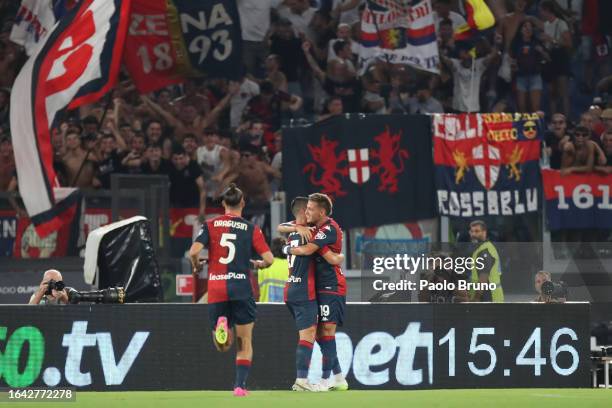 Mateo Retegui with his teammates of Genoa CFC celebrates after scoring the opening goal during the Serie A TIM match between SS Lazio and Genoa CFC...