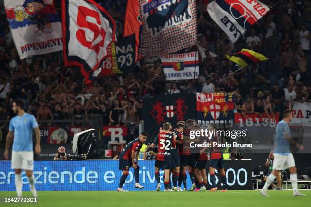 Mateo Retegui with his teammates of Genoa CFC celebrates after scoring the opening goal during the Serie A TIM match between SS Lazio and Genoa CFC...