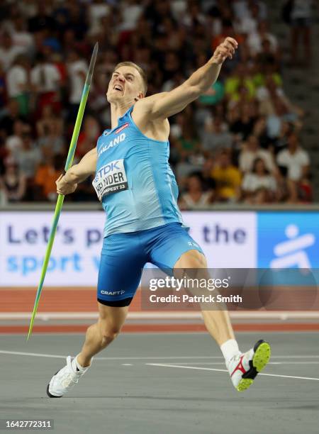 Oliver Helander of Team Finland competes in the Men's Javelin Throw Final during day nine of the World Athletics Championships Budapest 2023 at...