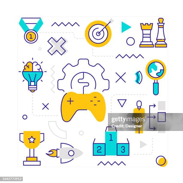 gamification related line style banner design for web page, headline, brochure, annual report and book cover - video game development stock illustrations