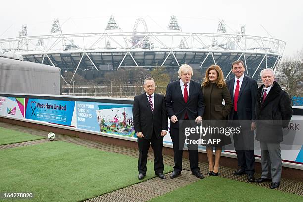 West Ham United joint Chairman Daivd Sullivan, London Mayor Boris Johnson, West Ham United Vice-Chairman Karren Brady, Mayor of Newham Robin Wales...