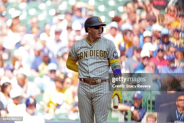 Manny Machado of the San Diego Padres waits for a pitch during the third inning against the Milwaukee Brewers at American Family Field on August 27,...