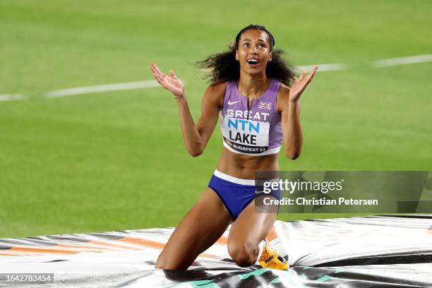 Morgan Lake of Team Great Britain reacts in the Women's High Jump Final during day nine of the World Athletics Championships Budapest 2023 at...